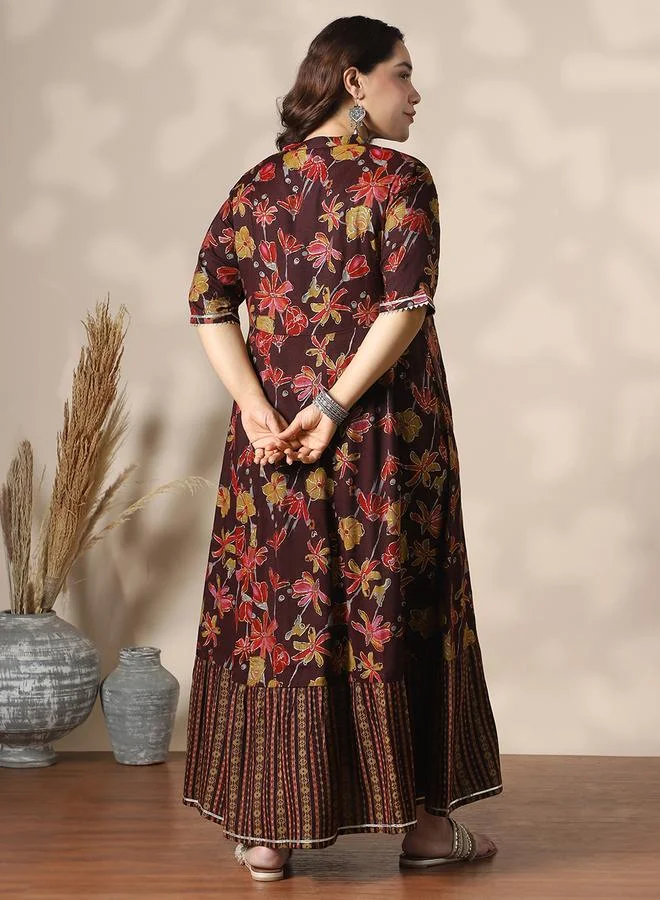 globus Plus Size Women Wine Floral Foil Print Maxi Dress